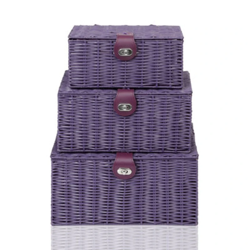 Image of Arpan Set Of 3 Resin Woven Storage Basket Box With Lid & Lock (Purple)