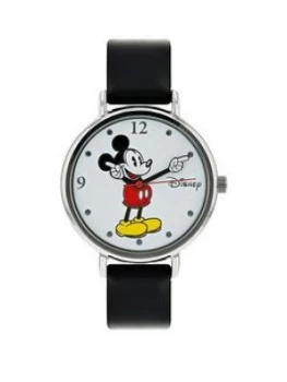 Disney Mickey Mouse Hand Mover Dial Black Leather Strap Watch