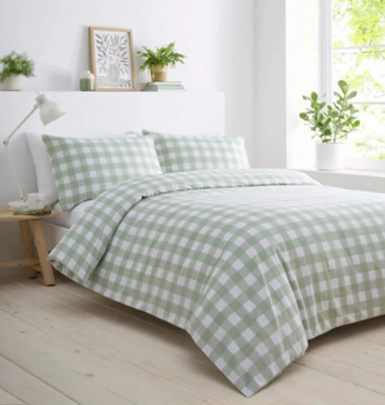 Image of Portfolio Home Gingham Check Sage Single Soft Easy Care Bed Linen Bedding Duvet Cover Quilt Set With Pillow Case