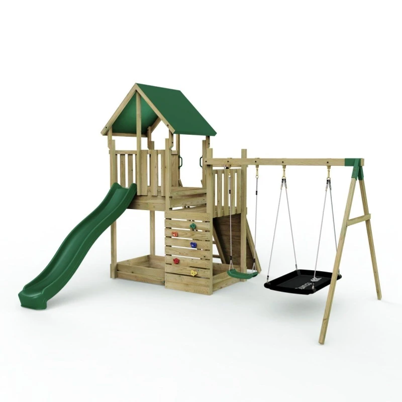 Image of Rebo Wooden Climbing Frame with Play Tower and Slide - M3 Double Ramp Brown