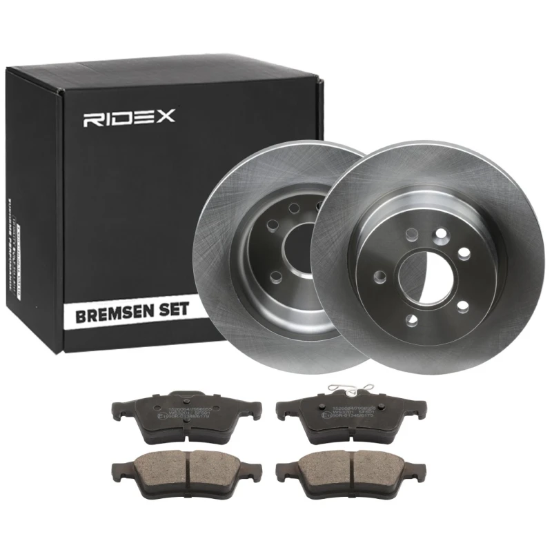 Image of RIDEX 3405B0873 Brake disc and pads set Rear Axle, Brake Disc Type: Solid, excl. wear warning contact, with anti-squeak plate Brake Set,disc brakes (