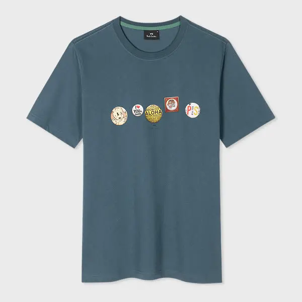 Image of Paul Smith Ink Blue Cotton 'Badges' Print T-Shirt