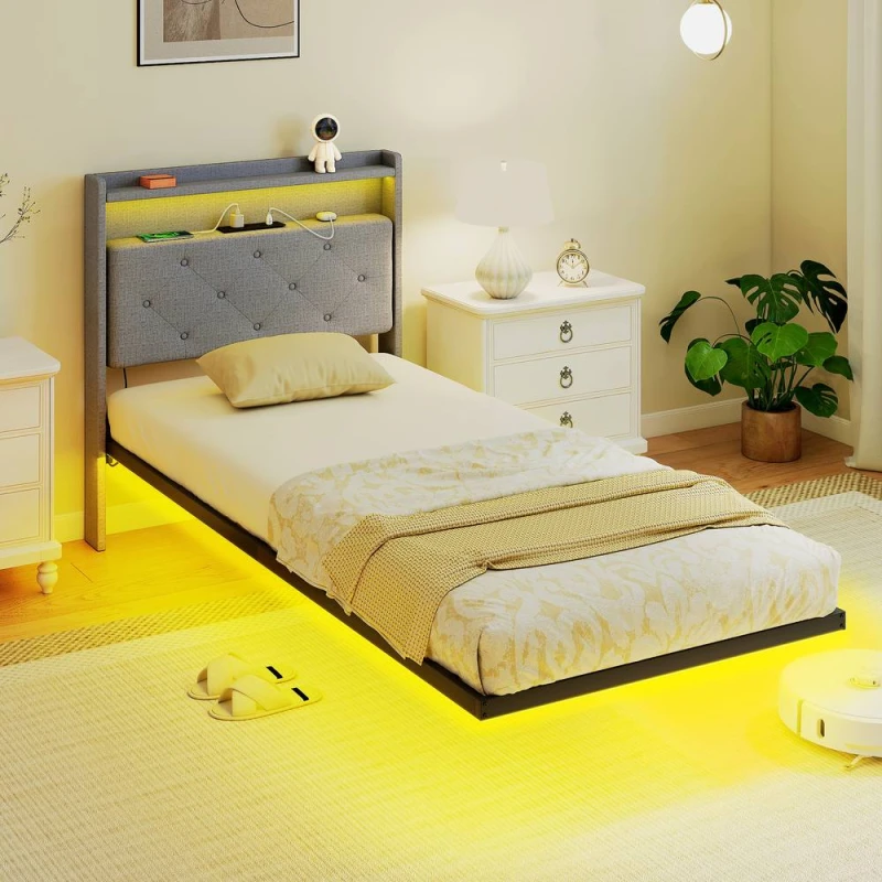 Image of HOMCOM Floating Bed Frame with RGB Lights, Upholstered Bed Frame, Grey Size: King Grey Unisex King