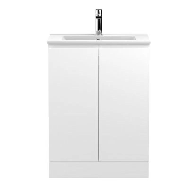 Image of Nuie Hudson Reed Urban Floor Standing 2 Soft Close Door Vanity Unit With Minimalist Basin, Modern Vanity Unit In Satin White, 600mm