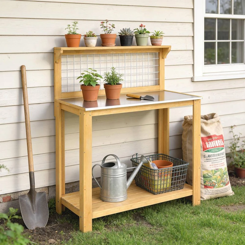 Image of OUTSUNNY Wooden Potting Bench Table with Aluminium Worktop in Natural Natural Unisex