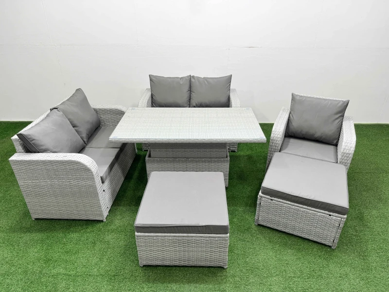 Image of Fimous High Back Poly Rattan Garden Furniture Set with Adjustable Lifting Dining or Coffee Table Indoor Outdoor Patio Set 2 Big Stool