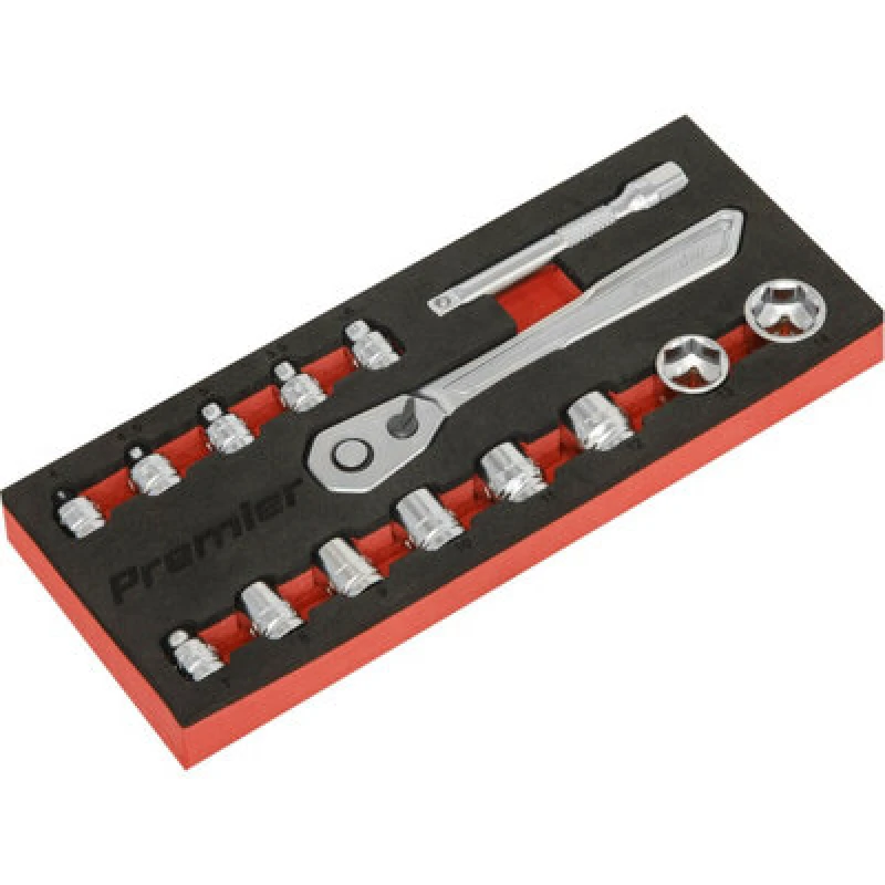 Image of Loops 15 PACK Low Profile Socket Set - 1/4" Metric Sq Drive 6 Point & Ratchet Handle Multi