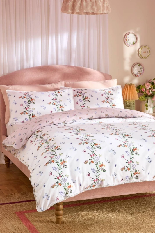 Image of Cath Kidston 'Flutter Floral' Reversible Cotton Duvet Cover Set in Pink Size: Super King Pink Unisex Super King