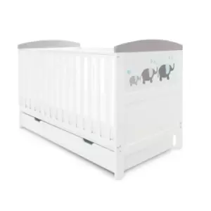 Image of Ickle Bubba Coleby Style Cot Bed Under Drawer and Sprung Mattress Elephant Love Grey