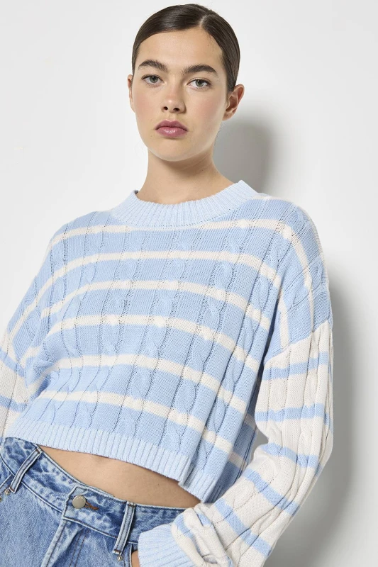 Image of Apricot Womens Contrast Stripe Cropped Jumper in Blue Size: 10 Blue Female 10