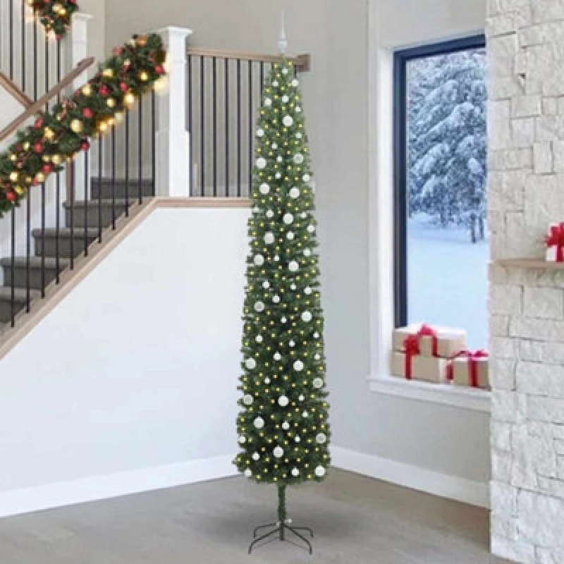 Image of vidaXL Artificial Christmas Tree with 300 LEDs, White Balls with Stand Green 270 cm, Green 3394981