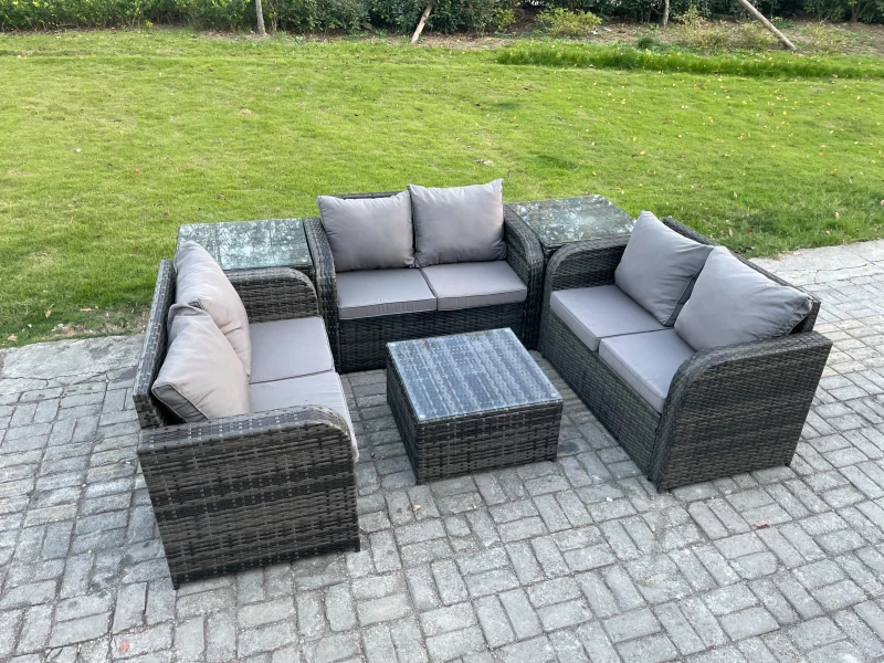 Image of Fimous Outdoor Garden Furniture Sets 6 Seater Wicker Rattan Furniture Sofa Sets with Square Coffee Table Love seat Sofa 2 Side Tables Dark Grey
