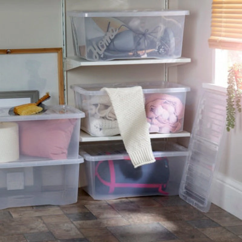 Image of Wham Crystal 5x 45L Stackable Plastic Storage Organiser Box and Lid Clear