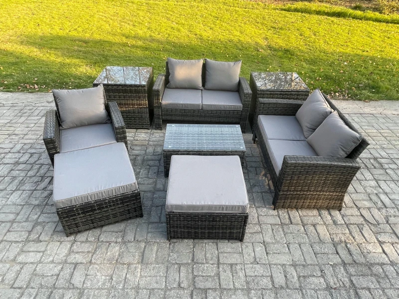 Image of Fimous Rattan Garden Furniture Set 7 Seater Patio Outdoor Lounge Sofa Chair Set with Rectangular Coffee Table 2 Big Footstool 2 Side Tables Dark Grey