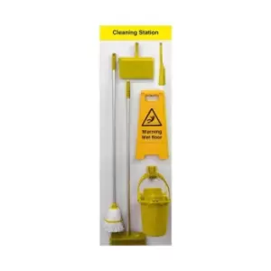 Image of Shadow Board Cleaning Station with Lean Stand, Stocked with Hooks, Style B Yellow, (610mm x 2000mm)