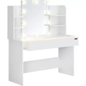 image of Casaria Dressing Table Lucia LED Light Makeup Mirror 140x40cm Cosmetic Desk 3 Compartments Wood White Bedroom Vanity 108x40x140cm weiß mit LED (de)