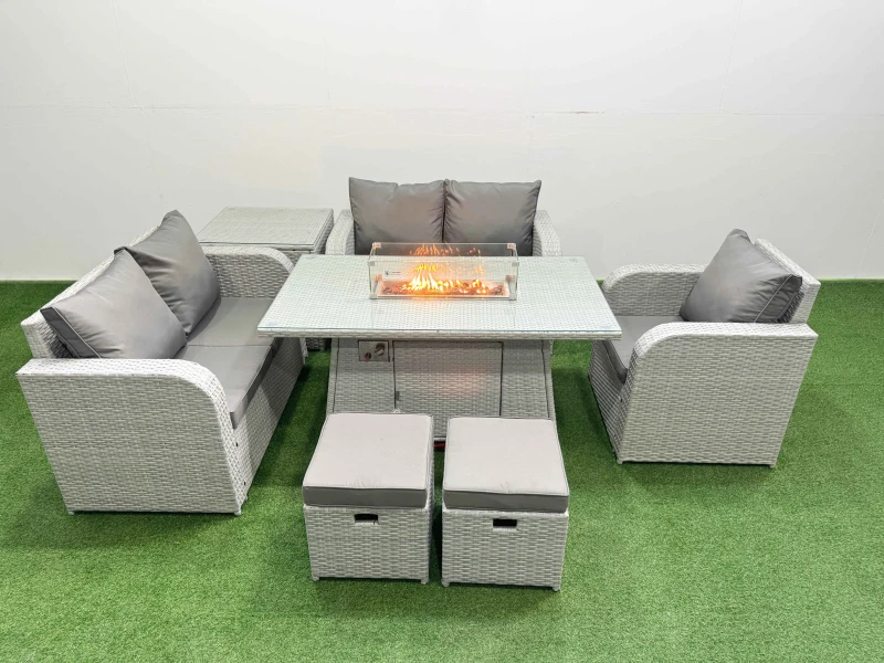 Image of Fimous High Back Poly Rattan Garden Furniture Set with Reclining Chair Loveseat Sofa Firepit Dining Table Indoor Outdoor Patio Set 2 Stool Side Table