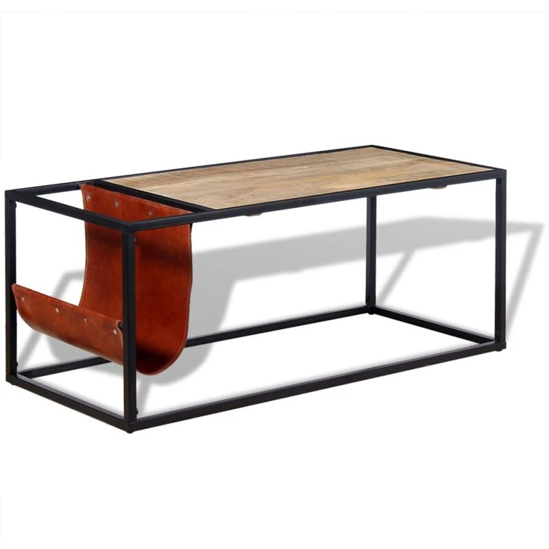 Image of vidaXL Coffee Couch End Side Accent Table with Genuine Leather Magazine Holder
