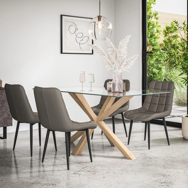 Image of More4Homes Etta Glass Dining Table & Chairs - Glass Top w Solid Oak Legs + Nova Faux Leather Dining Chair Set Of 4 in Grey Grey Unisex