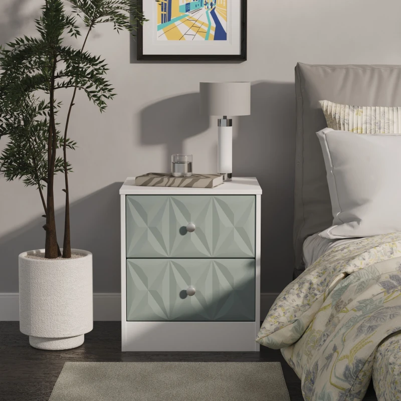 Image of Genoa Ready Assembled Matt Duck Egg Blue & White 2 Drawer Bedside Chest (H)521mm (W)450mm (D)395mm
