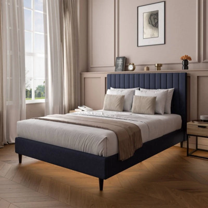Image of X Rocker Maisie Upholstered Velvet Bed Frame with LED Lights Navy