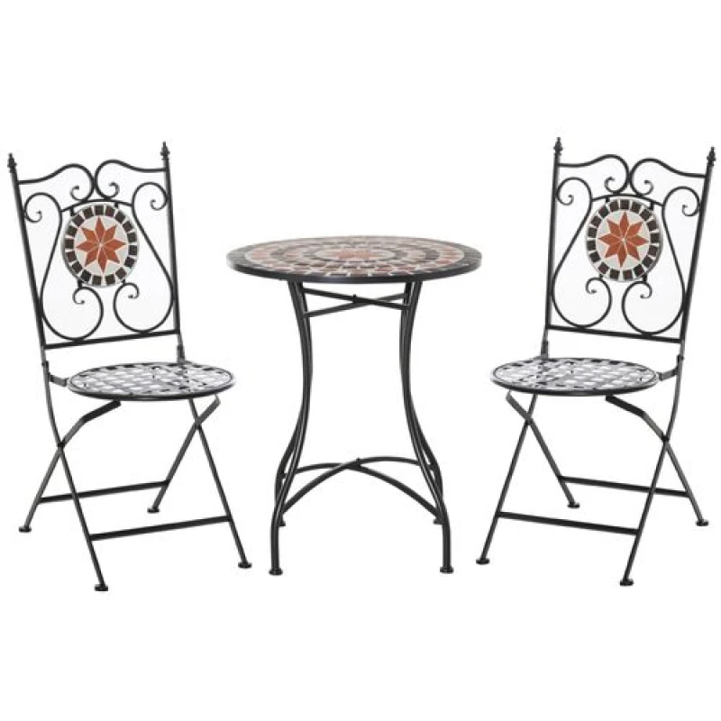 Image of Outsunny 3PCs Garden Set 1 Ceramic Tile Round Table and 2 Foldable Chairs Black