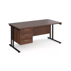 Image of Office Desk Rectangular Desk 1600mm With Pedestal Walnut Top With Black Frame 800mm Depth Maestro 25 MC16P3KW