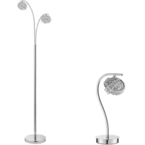 image of Standing Floor & Table Lamp Set Chrome & Pretty Crystal Cluster Twist Light