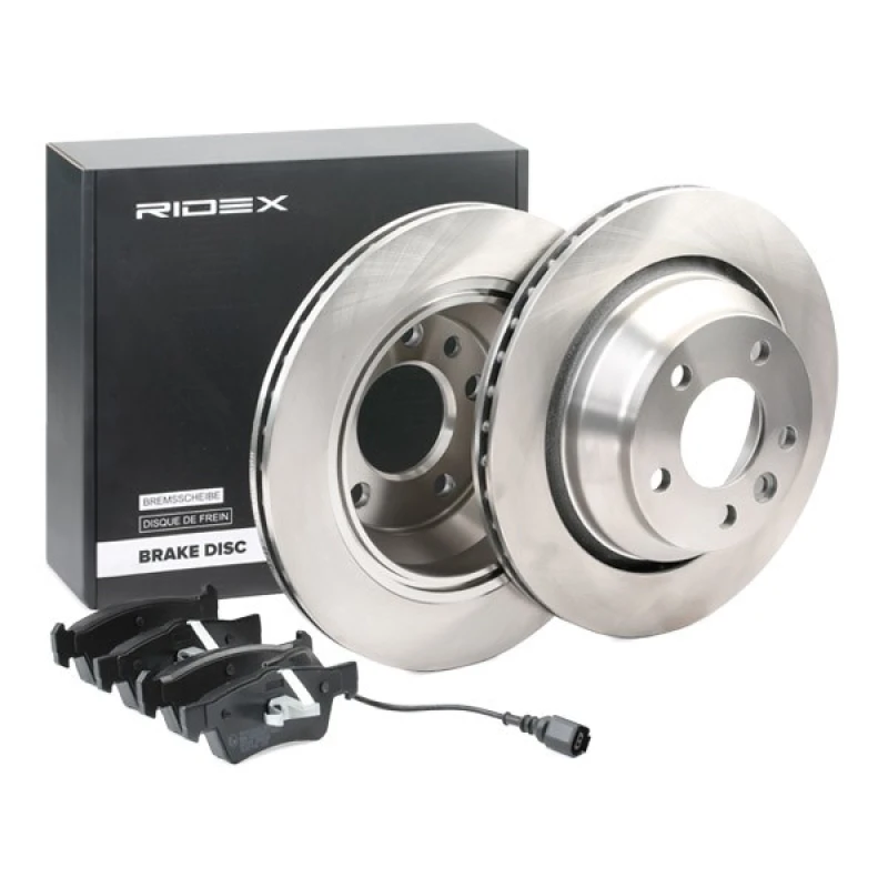 Image of RIDEX 3405B0419 Brake disc and pads set Rear Axle, Brake Disc Type: Vented, incl. wear warning contact, with anti-squeak plate Brake Set,disc brakes