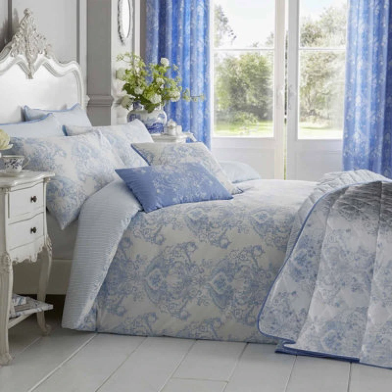 Image of Homescapes Blue French Toile Patterned Duvet Cover Set, Single