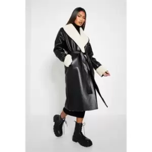 Image of I Saw It First Shawl Trim Faux Leather Belted Coat - Black