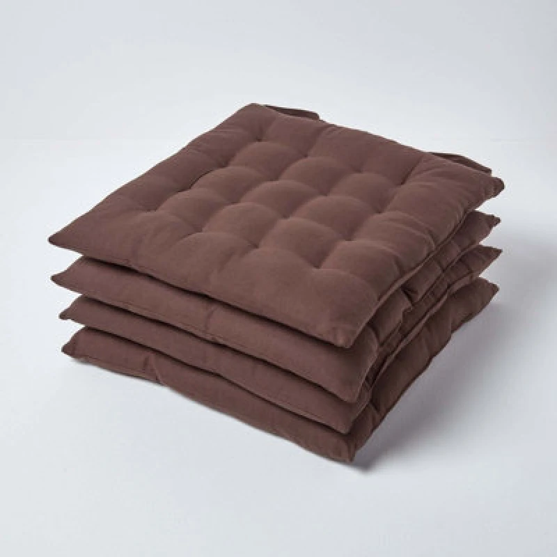 Image of Homescapes Plain Seat Pad with Button Straps, 40 x 40cm, Set of 4 Brown