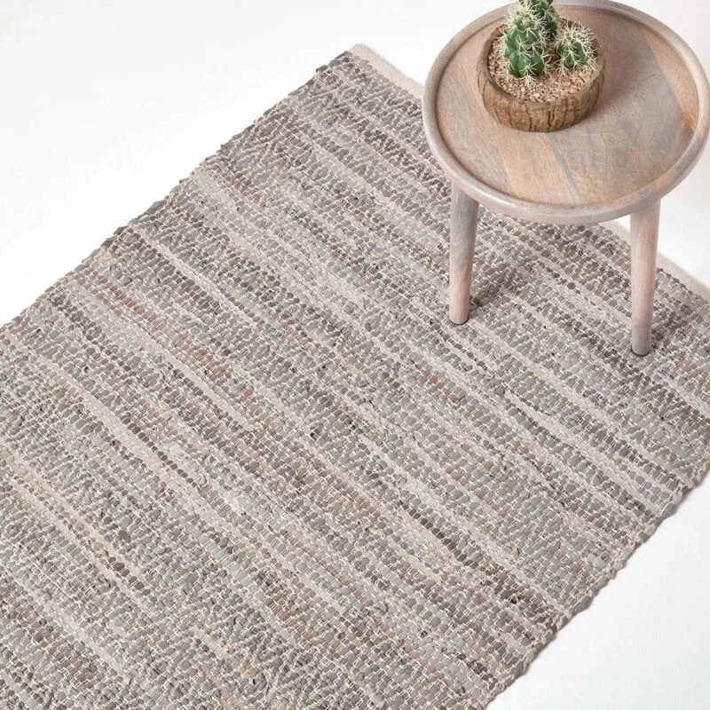 Image of Homescapes Real Leather Handwoven Diamond Pattern Rug Grey