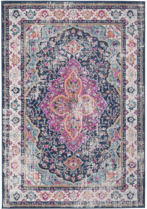Image of THE RUGS Marrakech Pink Navy Distressed Medallion Large Area Rug & Runner 440 Size: 200cm x 290cm Multicolor Unisex 200cm x 290 cm