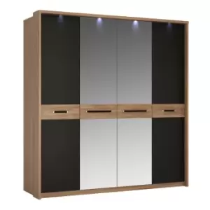 image of Monaco 4 Door Wardrobe With Mirror Doors In Oak Effect And Black