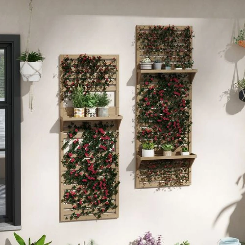 Image of Outsunny Wall Mounted Plant Stands Set of 2 with Shelves and Slatted Trellis Natural
