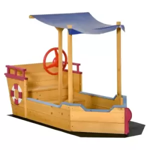 Image of Outsunny Kids Wooden Sand Pit Sandbox Pirate Sandboat Outdoor With Canopy Shade - Orange