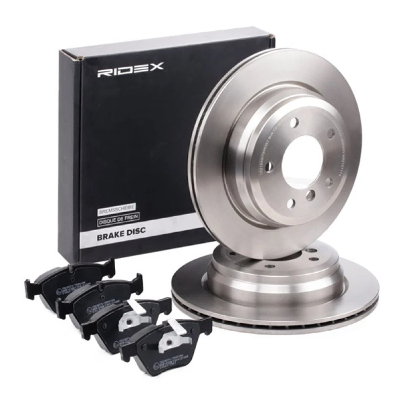 Image of RIDEX 3405B1222 Brake disc and pads set Front Axle, Brake Disc Type: internally vented, prepared for wear warning indicator Brake Set,disc brakes (34