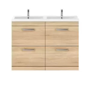 image of Nuie Athena 1200 Floor Standing 4-drawer Vanity & Ceramic Double Basin - Natural Oak