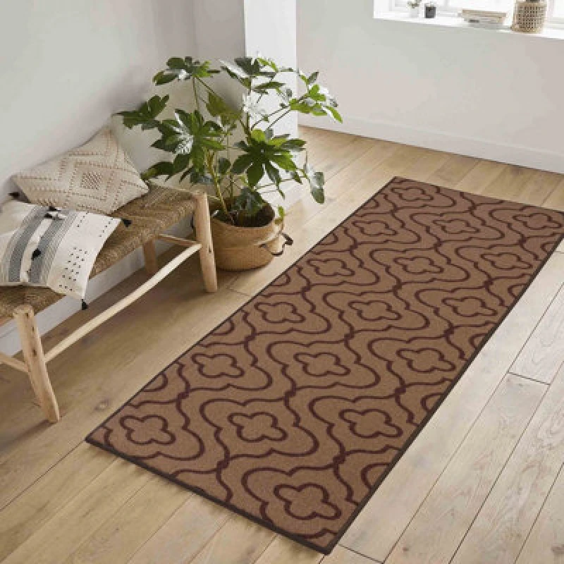 Image of Machine Washable Quatrefoil Design Anti Slip Doormats Beige 67X220 Cm