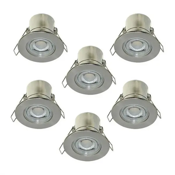 Image of Luceco Luceco F-Eco 5W Warm White Dimmable LED Fire Rated Fixed Downlight - Brushed Steel - Pack of 6