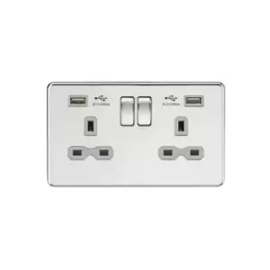 Image of Knightsbridge - 13A 2G Switched Socket with Dual usb Charger (2.4A) - Polished Chrome with Grey Insert
