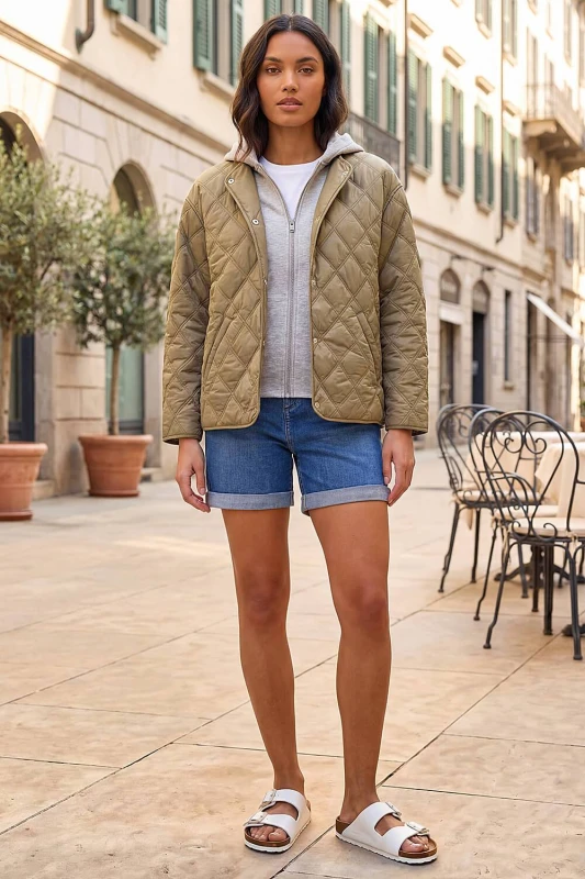 Image of Roman Womens Quilted Hooded Jacket in Khaki Size: 18 Khaki Female 18