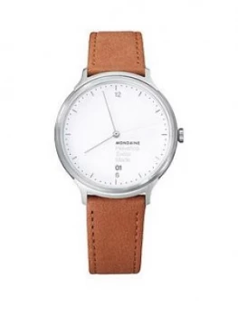 Image of Mondaine Mondaine Swiss Made Helvetica No1 Light White Sapphire Glass Date Dial Brushed Stainless Steel 38Mm Case Tan Leather Strap Watch