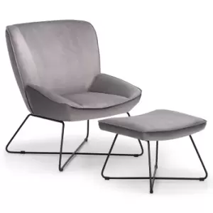 Image of Julian Bowen Mila Velvet Accent Chair With Stool - Grey