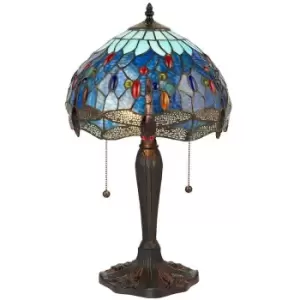 image of Tiffany Glass Table Lamp Light Dark Bronze Base & Blue Dragonfly Shade i00193