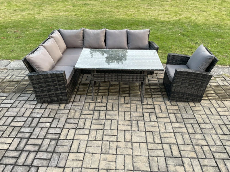 Image of Fimous 7 Seater Garden Rattan Furniture Corner Dining Set Indoor Outdoor Lounge Sofa Set Dark Grey Mixed Dark Grey Unisex