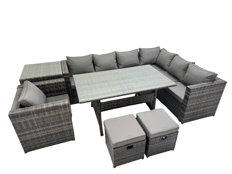 Image of Fimous 9 Seater Patio Dining Corner Sofa Sets with Chair 2 Small Stools in Dark Grey Dark Grey Unisex