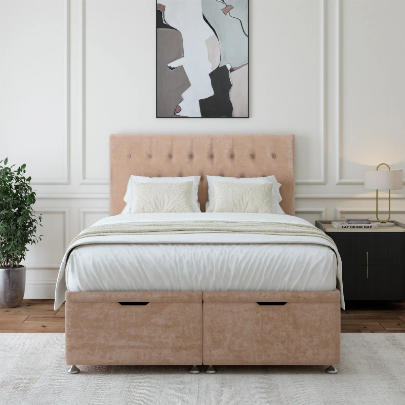 Image of Bedmaster Bedmaster Luxury Velvet Ottoman Divan Base And Button Headboard in Light Brown Size: Super King Light Brown Super King Unisex 786786877518
