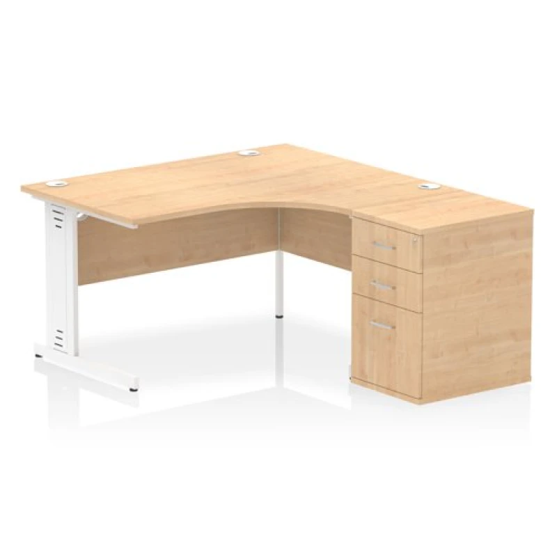 Image of Impulse Impulse 1400mm Right Crescent Office Desk Maple Top White Cable Managed Leg Workstation 600 Deep Desk High Pedestal IWSRW146WMPE